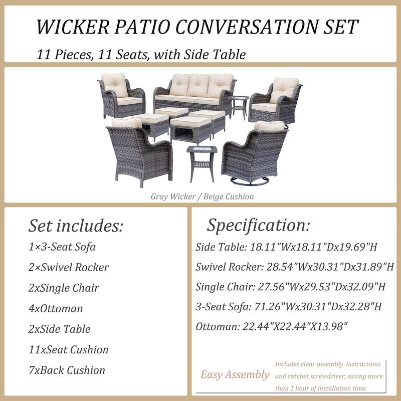 11 Piece Outdoor Wicker Patio Conversation Furniture Swivel Chairs Set