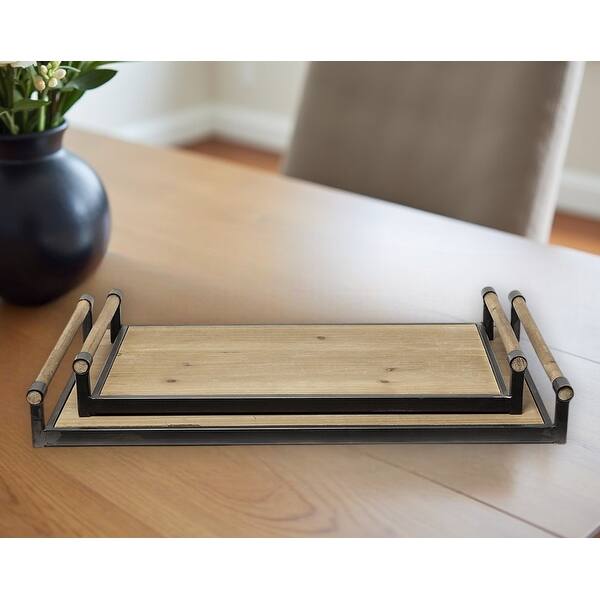 Set Of 2 Light Brown Wood With Matte Black Metal Frame And Two Handles Trays Set Of 2 Light Brown Wood With Matte Black Metal Frame And Two Handles Trays