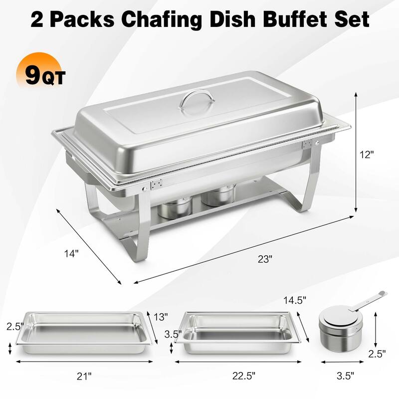 Set 2/4 Chafing Dish Buffet Packs 9 QT Steel Chafers with Food Pans