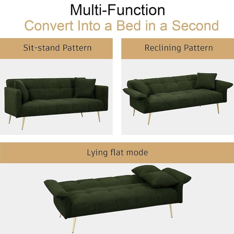 Futon Sofa Bed, Teddy Velvet Foldable Couch Convertible Loveseat Sleeper Daybed with Adjustable Armrests for Small Space