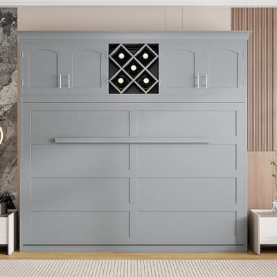 Queen Size Murphy Bed Wall Bed with Top Cabinets & Wine Rack