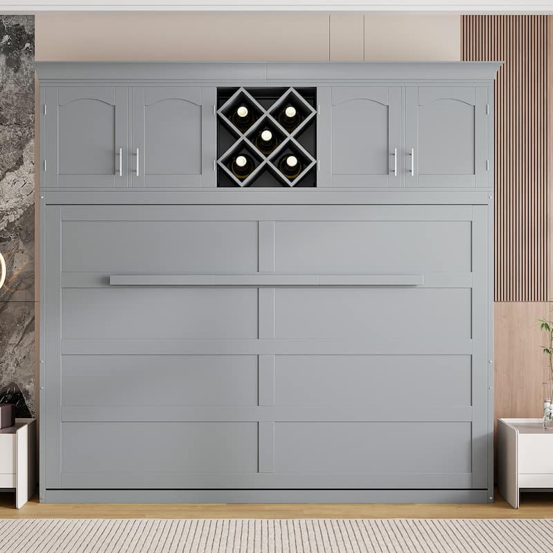 Queen Size Wall Murphy Bed with Storage, Wood Foldable Platform Bed Frame with Top Cabinets and Wine Rack