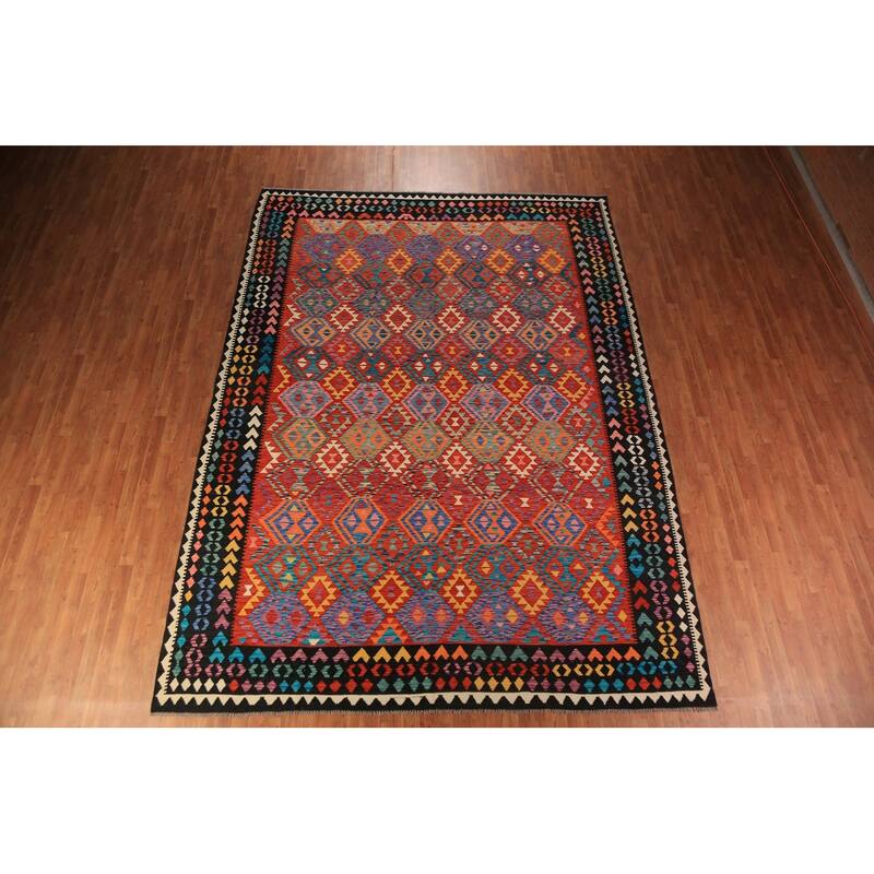 Reversible Kilim Oriental Area Rug Hand-Woven Orange Wool Carpet - 9'8"x 13'0"