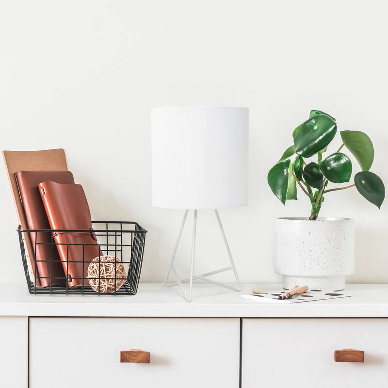 14" Minimalist Three-Legged Wire Table Lamp with Drum Shade and Fabric and Metal Perfect for Living Room - 7”L x 7”W x 14”H
