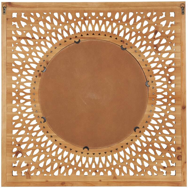 Brown Wood Room Wall Mirror with Carved Scroll Pattern
