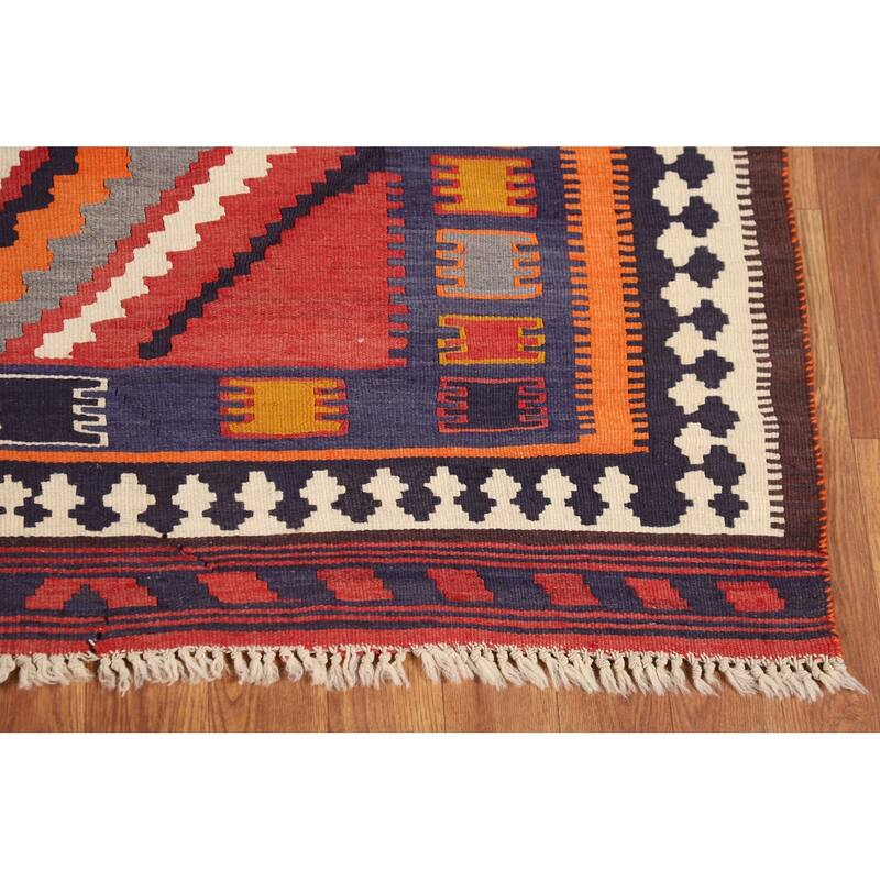 Orange Kilim Qashqai Persian Vintage Rug Hand-Woven Wool Carpet - 5'3"x 7'8"
