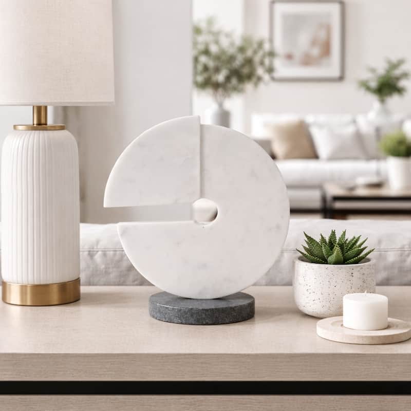 Decorative Round Marble Sculpture Statue - 10", White & Black - White - 11.0"