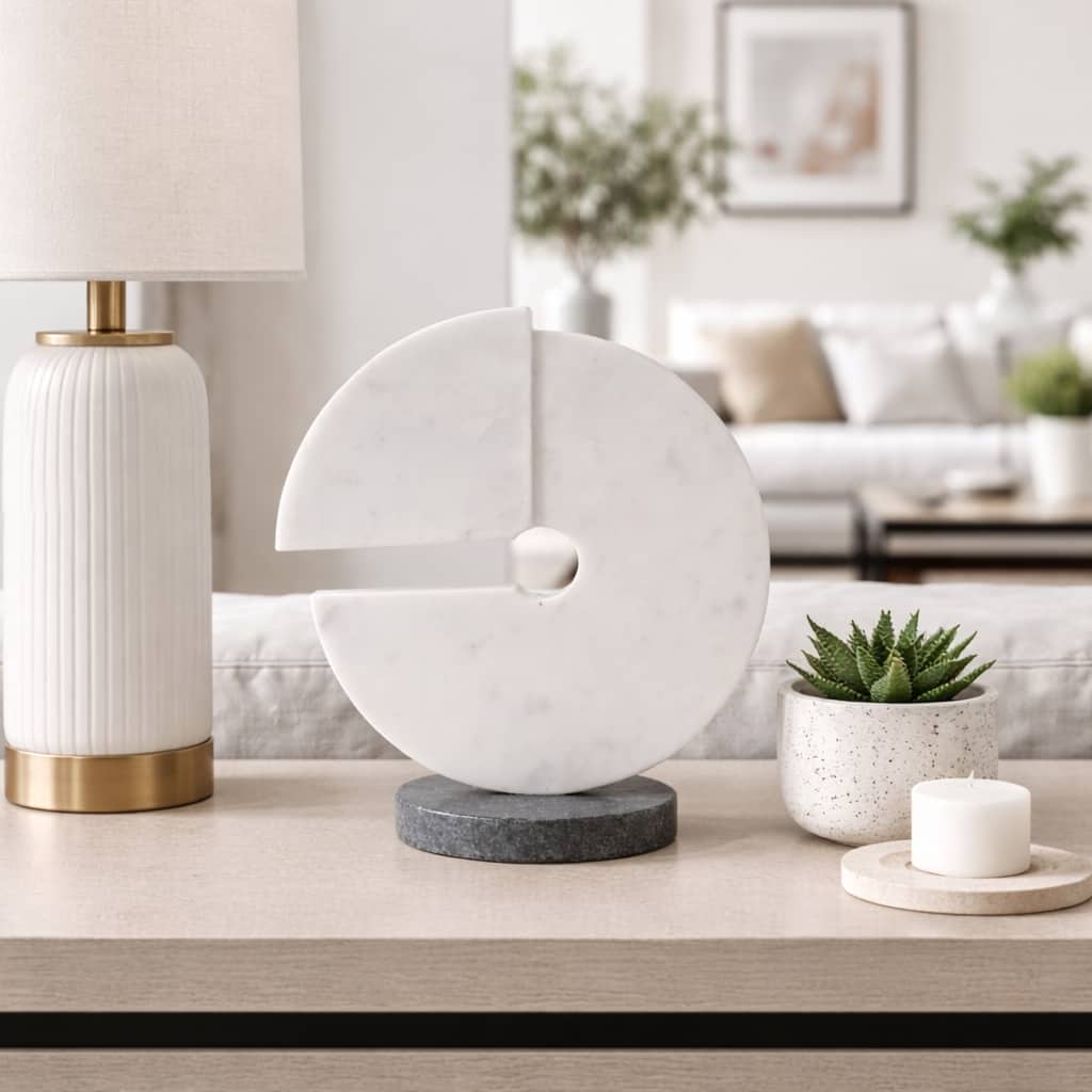 Decorative Round Marble Sculpture Statue - 10", White & Black