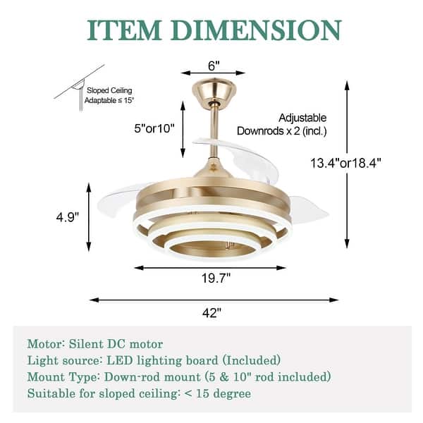 dimension image slide 3 of 6, Cusp Barn 42" Retractable Ceiling Fan with Lights and Remote DIY Shape Fandelier Modern Silent DC Motor LED Ceiling Light
