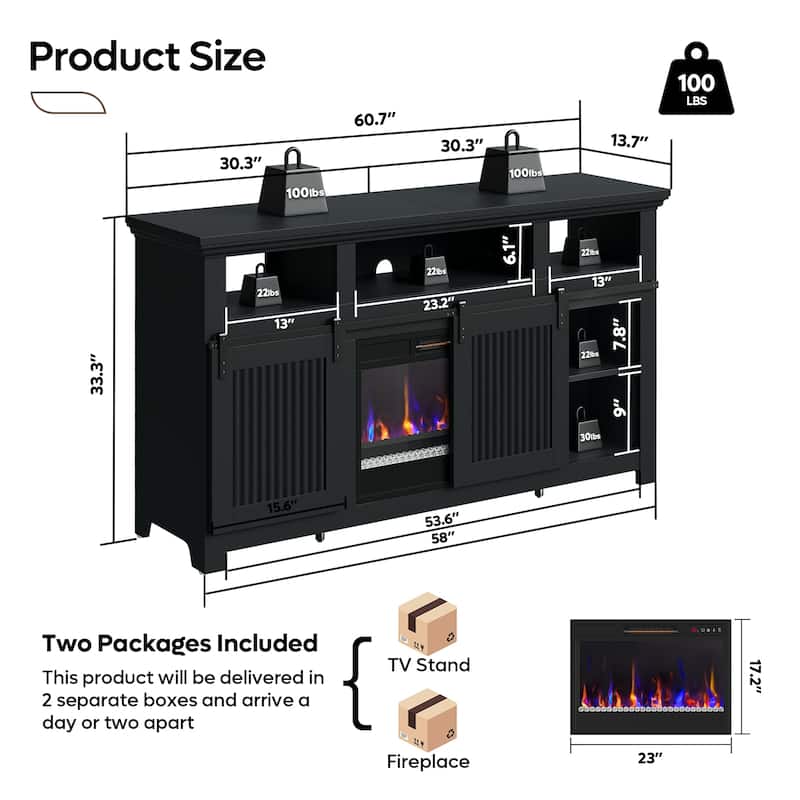 Bestier 60'' Fireplace TV Stand with Electric Fireplace Heater & Storage Cabinet for TVs up to 65 Inch