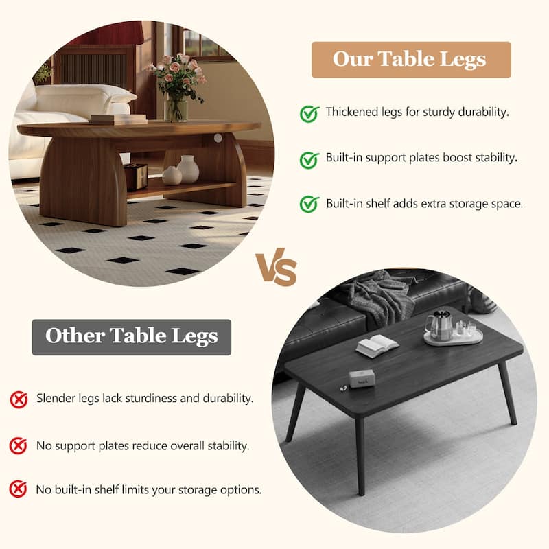 47.4" Oval Walnut Coffee Table with Storage Shelf, Modern Wooden Coffee Table for Living Room