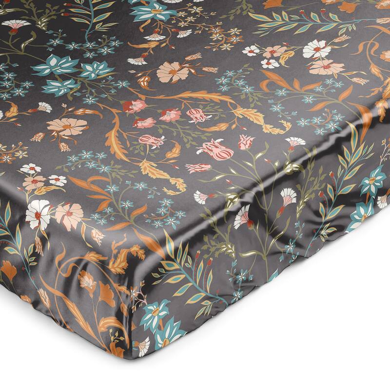 Sweet Jojo Designs Black Boho Wildflower Vintage Floral Girl Satin Fitted Crib Sheet Orange Botanical Leaf Bohemian Farmhouse
