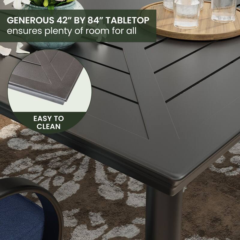 Hanover Montclair 9-Piece Dining Set in Navy Blue with 8 Swivel Rockers and a 42-In. x 84-In. Table