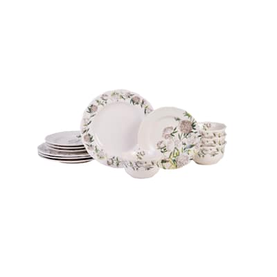 Luxe Peony Neutral Porcelain 12 Pc Dinnerware Set