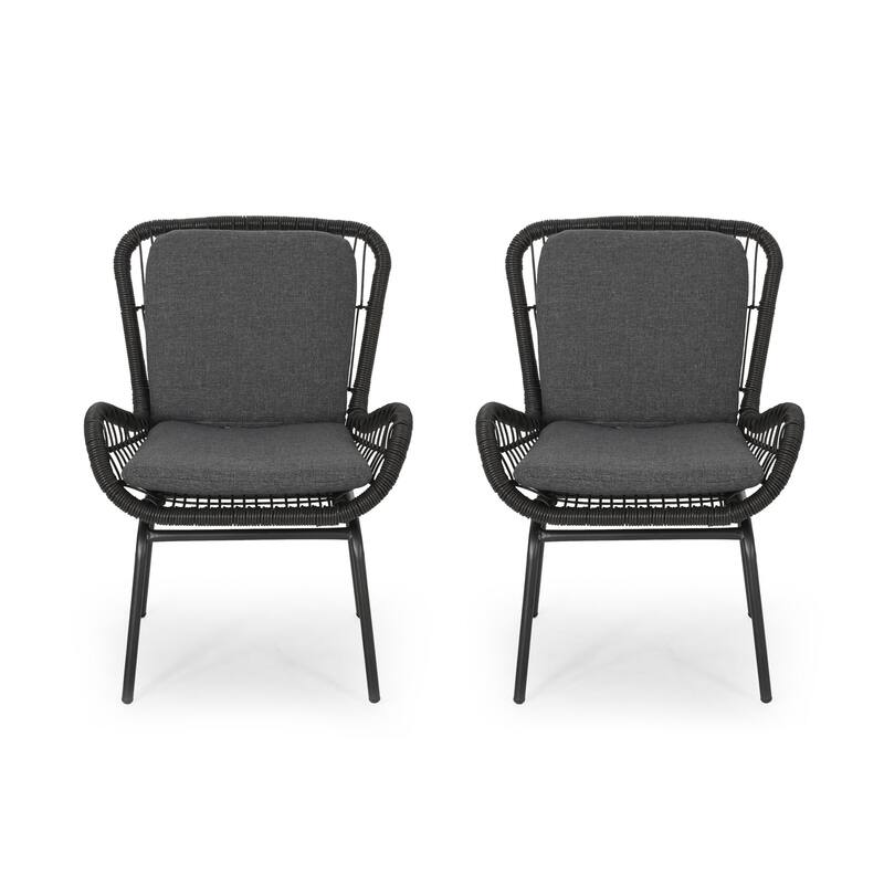 Patio Accent Chair Set of 2, Open Wicker, Round Edge, Black Iron, Gray