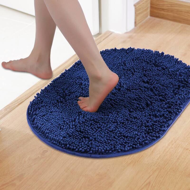 Oval Plush Bath Mat, Soft Non Slip Absorbent Rug, Rubber Backing Quick Dry Rugs for Shower Floor, Bathroom Decor - Dark Blue - 20" x 32"