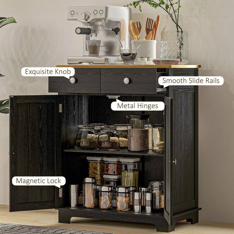Kitchen Storage Cabinet with Solid Wood Top,Adjustable Shelf,2 Drawers