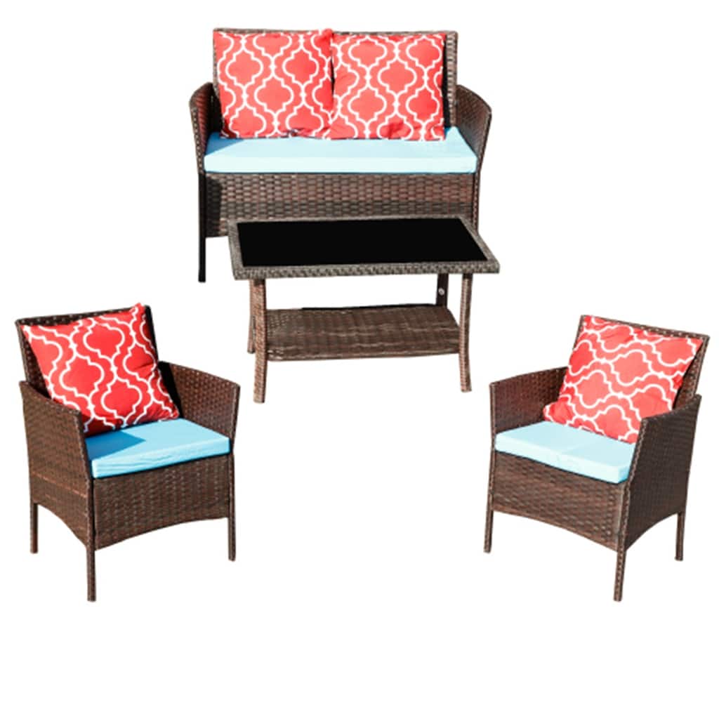4-Piece Outdoor Patio Furniture Set PE Rattan Sofa Chairs and Tempered Glass Table with Cushions for Garden Balcony Porch