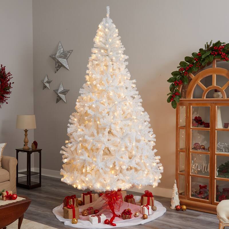 9' Pre-Lit Full White Artificial Christmas Tree, White LED Lights - 9 Foot