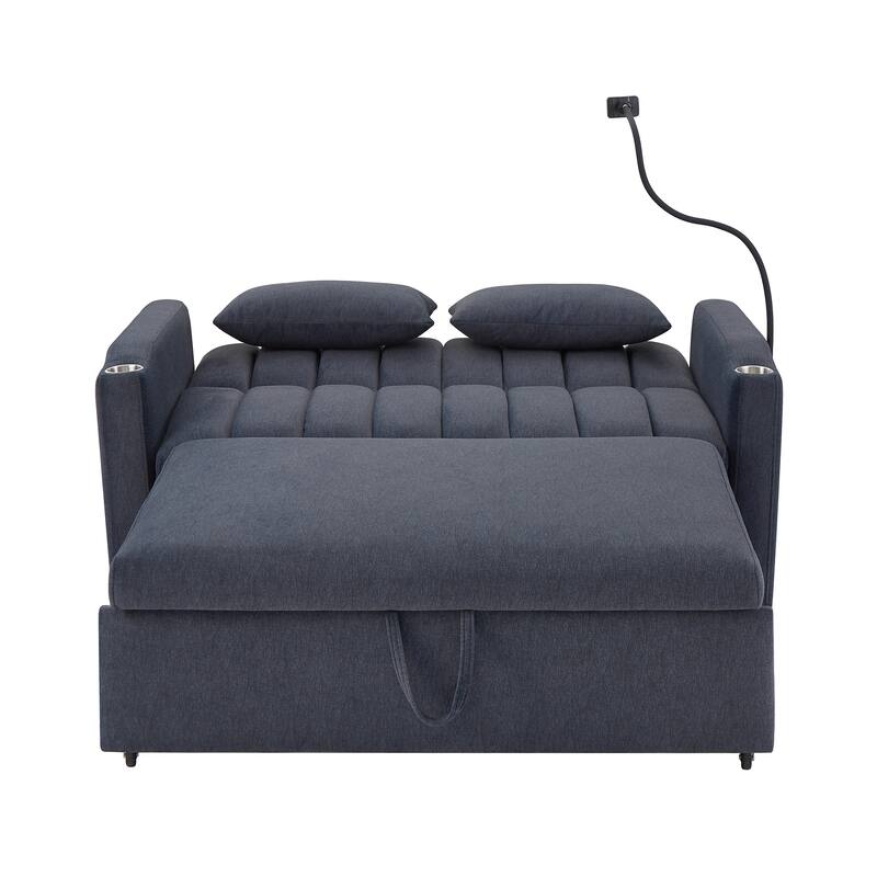 55.9" Convertible Sofa Bed Loveseat Sofa with Three USB Ports, Two Side Pockets, Two Cup Holders and 360°Swivel Phone Holder