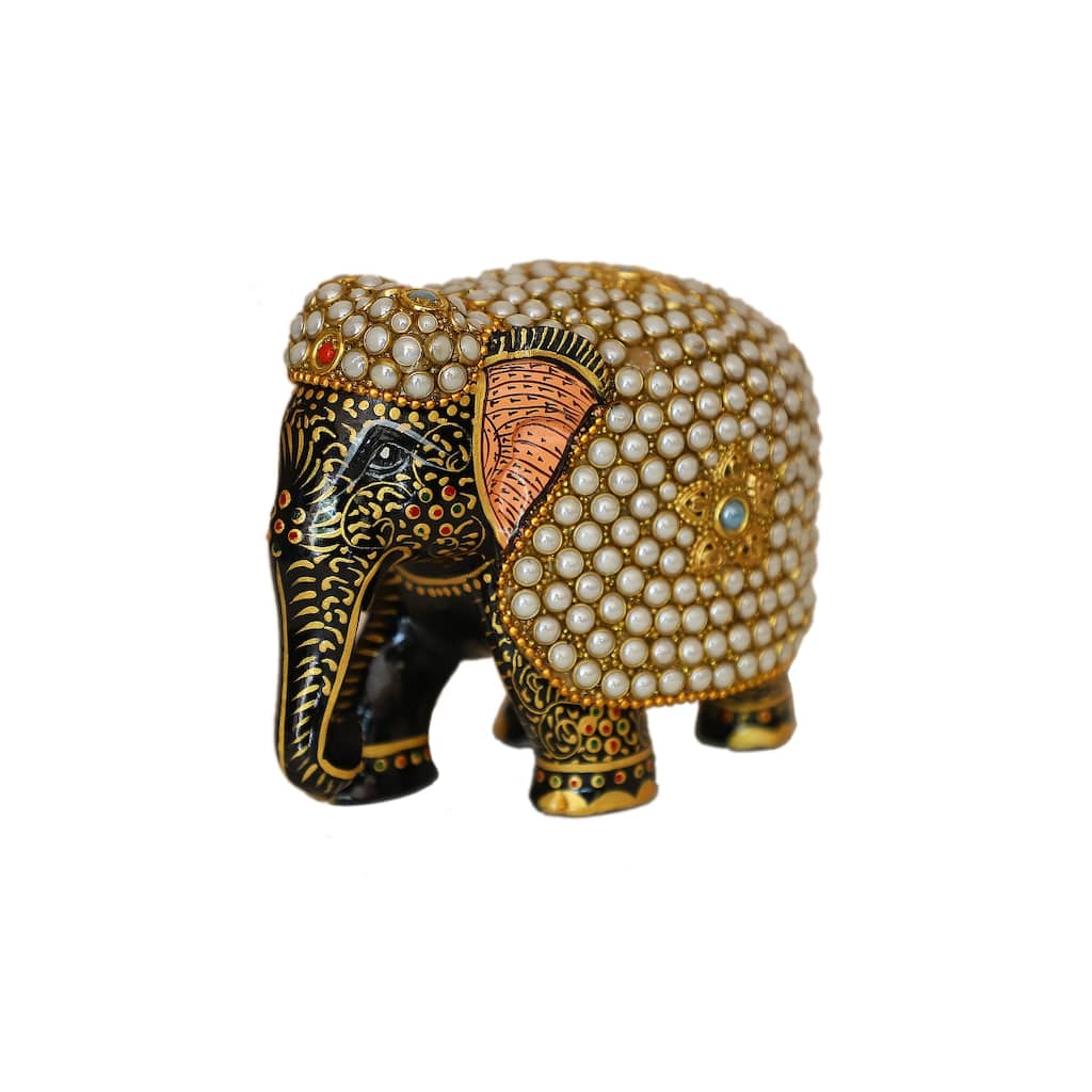 Cottage Handicraft - Handcrafted Pearl Embellished Elephant, Vintage Elephant Wooden Sculpture for Living room Home Decor Gift
