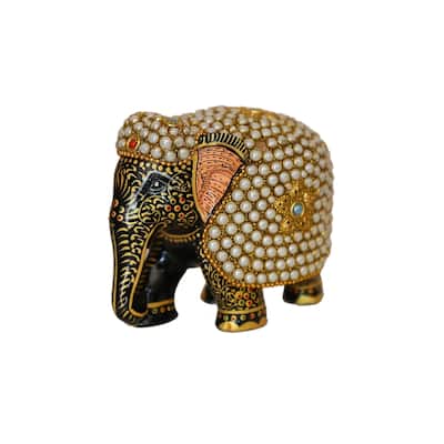 Cottage Handicraft Handcrafted Pearl Embellished Elephant | Vintage Elephant Wooden Sculpture for Living room Home Decor Gift