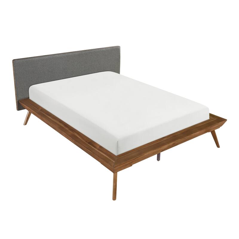 Full Platform Bed with Upholstered Headboard, Dark Gray Chestnut Finish