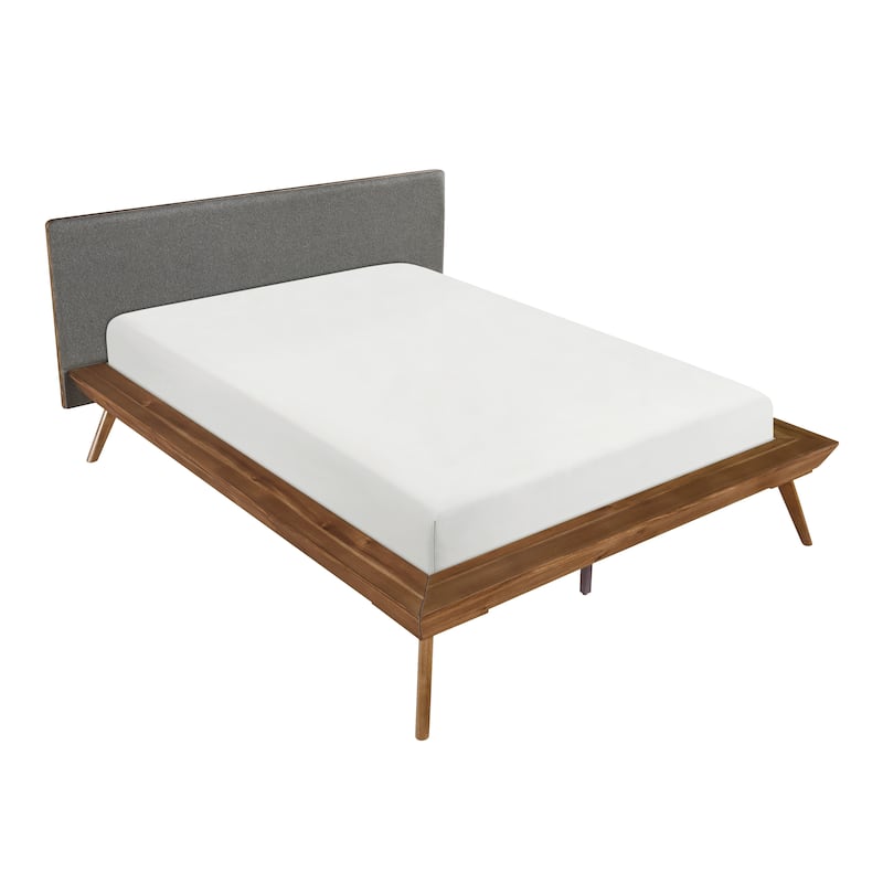 Queen Platform Bed with Upholstered Headboard in Dark Gray and Chestnut Finish
