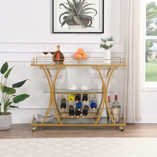 Modern Multifunctional Golden Bar Cart with Wine Rack Bed Bath