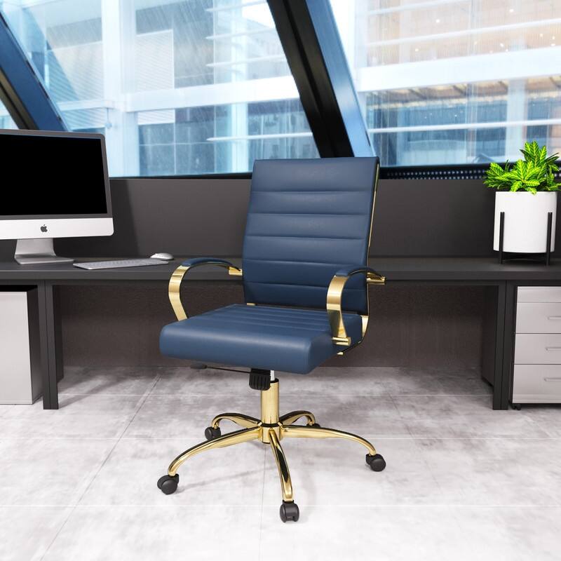 Benmar Mid-Back Leather Office Desk Chair in Gold Stainless Steel Frame Adjustable Height Tilt Lock 360 Swivel Ergonomic Chair