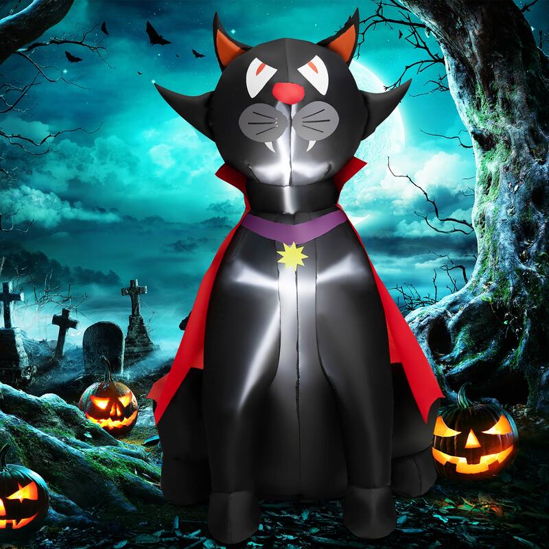 Costway 4.7 FT Halloween Inflatable Vampire Black Cat with Red Cloak - See Details - Black, Red