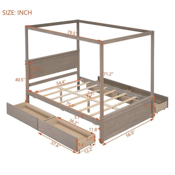dimension image slide 1 of 3, Full Size Canopy Bed Wood Canopy Bed w/ Drawers and Headboard Unisex