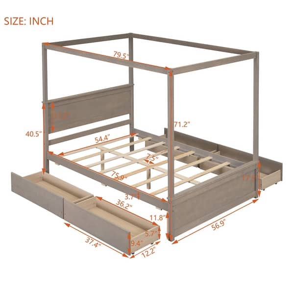 dimension image slide 0 of 3, Full Size Canopy Platform Bed with 4 Drawers & Support Slats