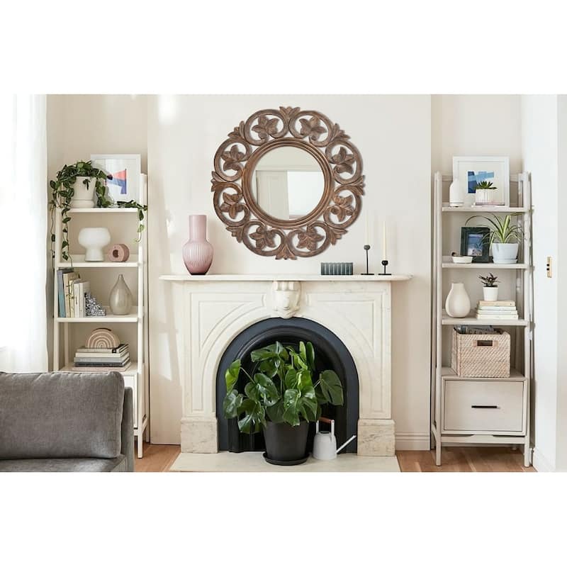 Carved Wood Botanical Framed Wall Mirror - 35.5"L x 35.5"W x 0.6"H