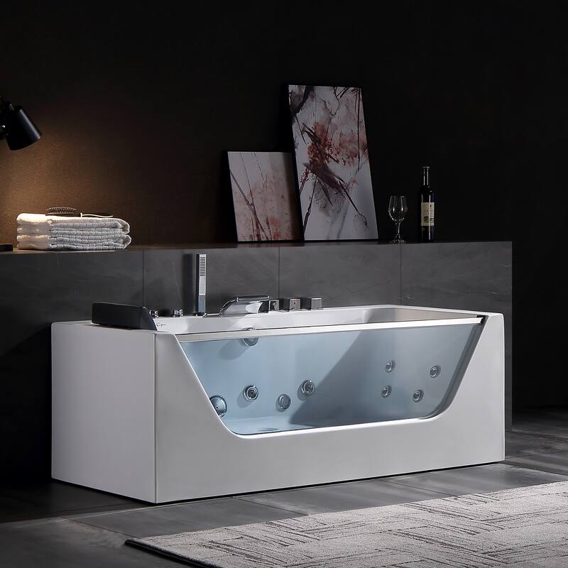 59" X 30" Acrylic Rectangle Whirlpool Bathtub - 11 Water Jets - Led Lights - Center Drain - 3-Side Alcove Install