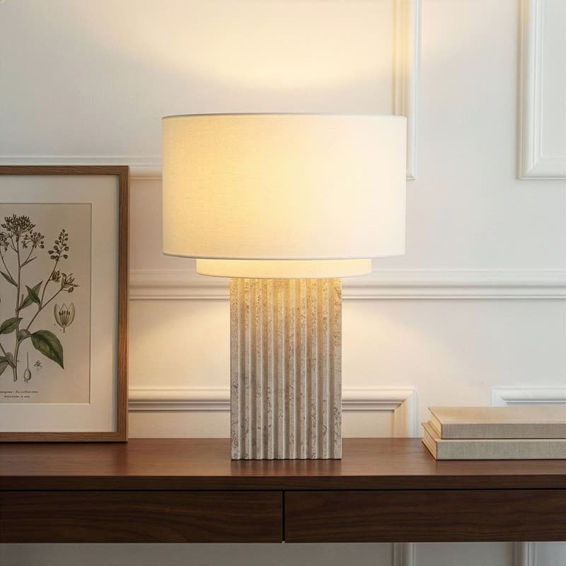 Brightech Atticus LED Natural Beige Stone Modern Industrial Square Dimmable Bedside Nightstand Desk Lamp