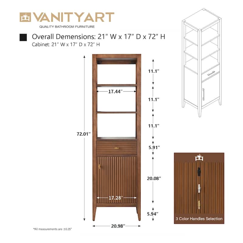 Vanity Art 72" Tall Tower Bathroom Linen Cabinet with Soft Close Door and Drawer