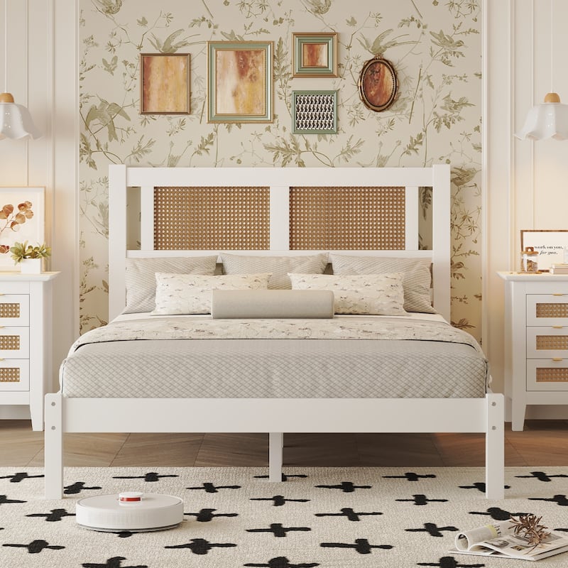 Modern Style Wooden Platform Bed with Rattan Headboard