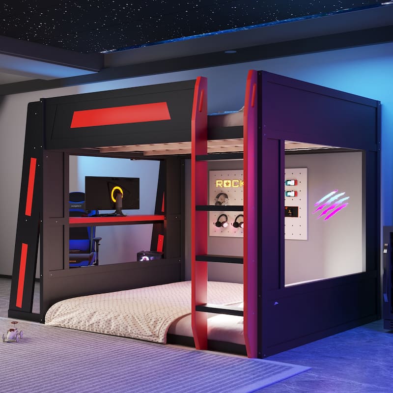 GDFStudio - GameCore Modern Wooden Queen Gaming Bunk Bed with Desk, USB and LED Lighting