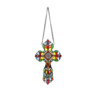 13" x 8" Victorian Design Cross Stained Glass Panel/ Suncatcher