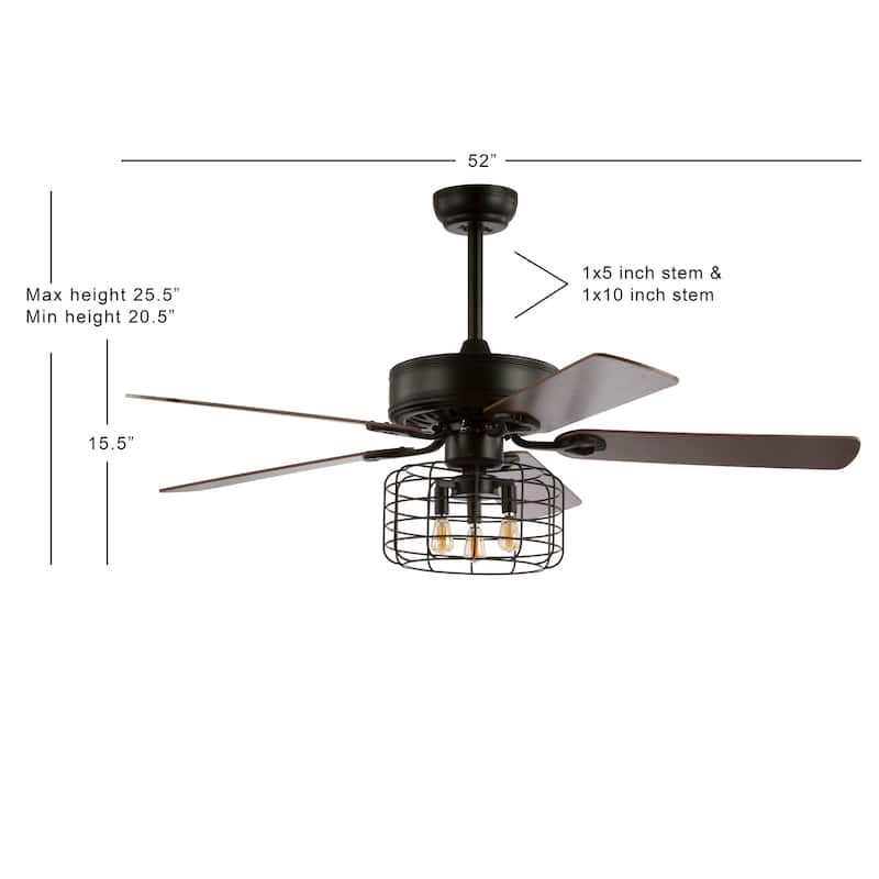 Edith 52" 3-Light Industrial Metal/Wood LED Ceiling Fan With Remote, Forged Black by JONATHAN Y