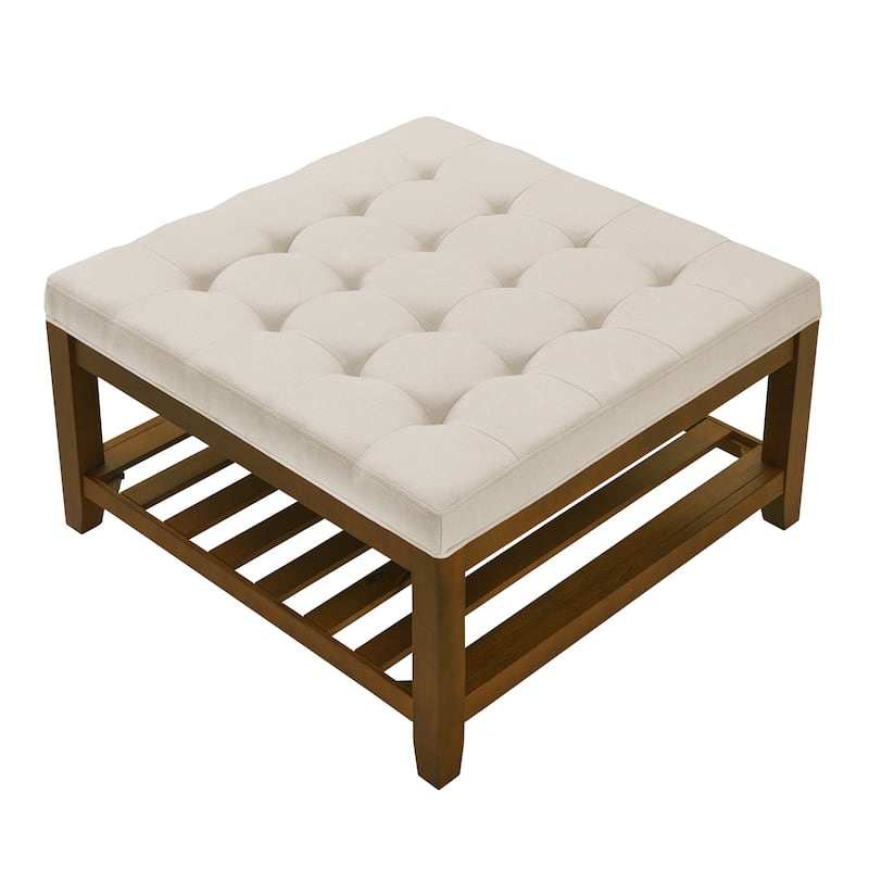 Coffee Table Tufted Linen Large Square Ottoman with Beech Wood Shelf and Frame,Oversized Footrest Ottoman for Living Room
