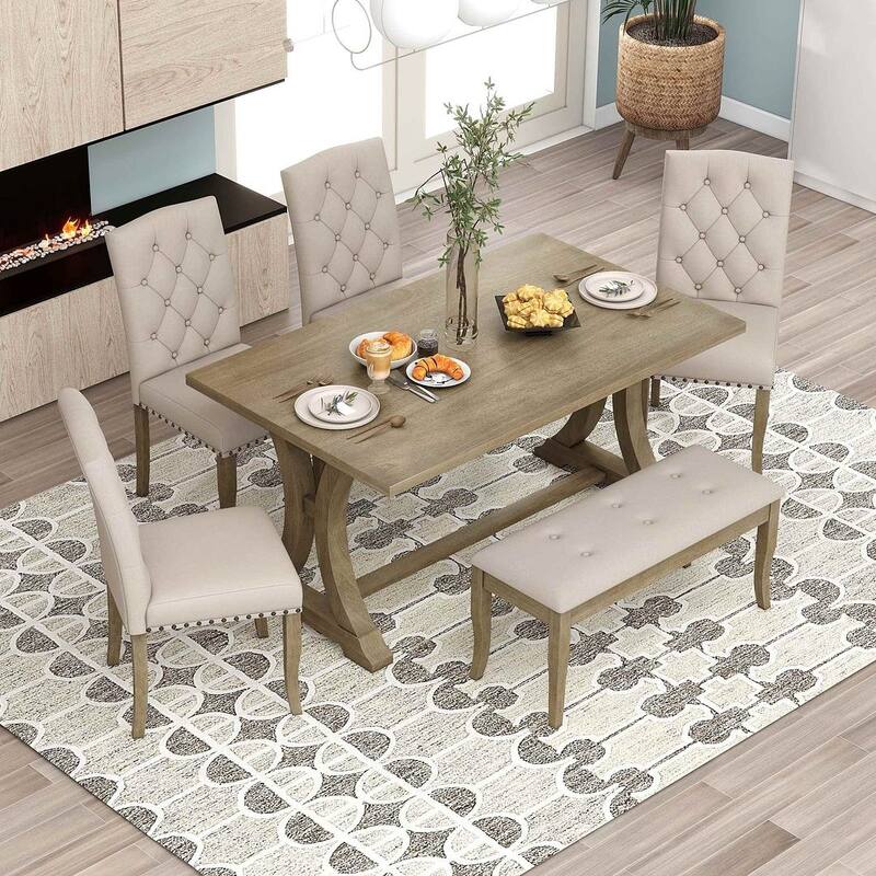 6 PCS Farmhouse Dining Table Set for 6 - Rectangular Trestle Table with Chairs & Bench - Natural Wood Wash