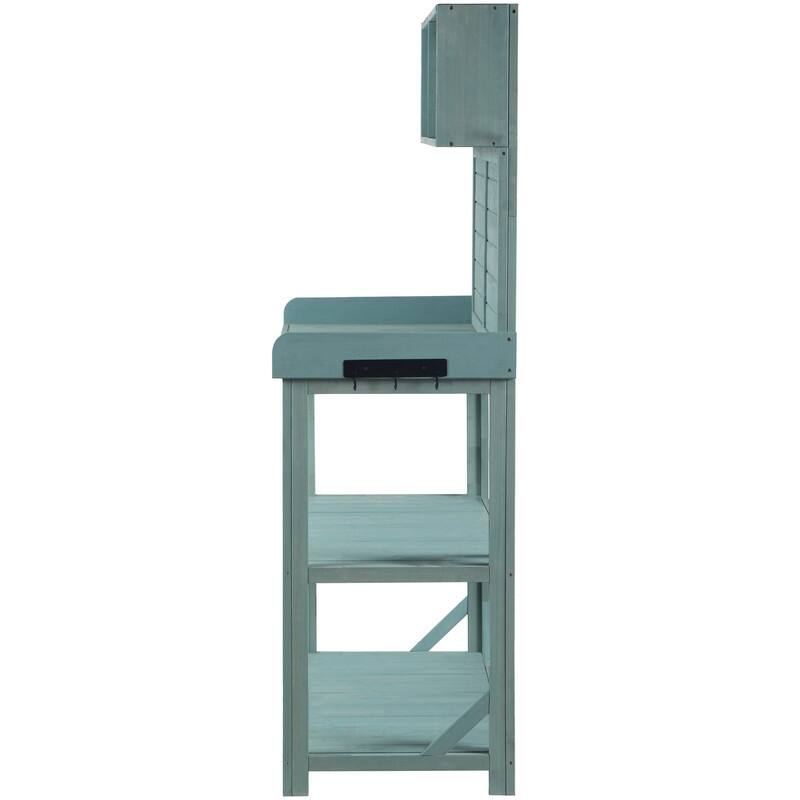 65" Large Wooden Farmhouse Rustic Outdoor Potting Bench Table, Patio Workstation with 4 Storage Shelves and Side Hook