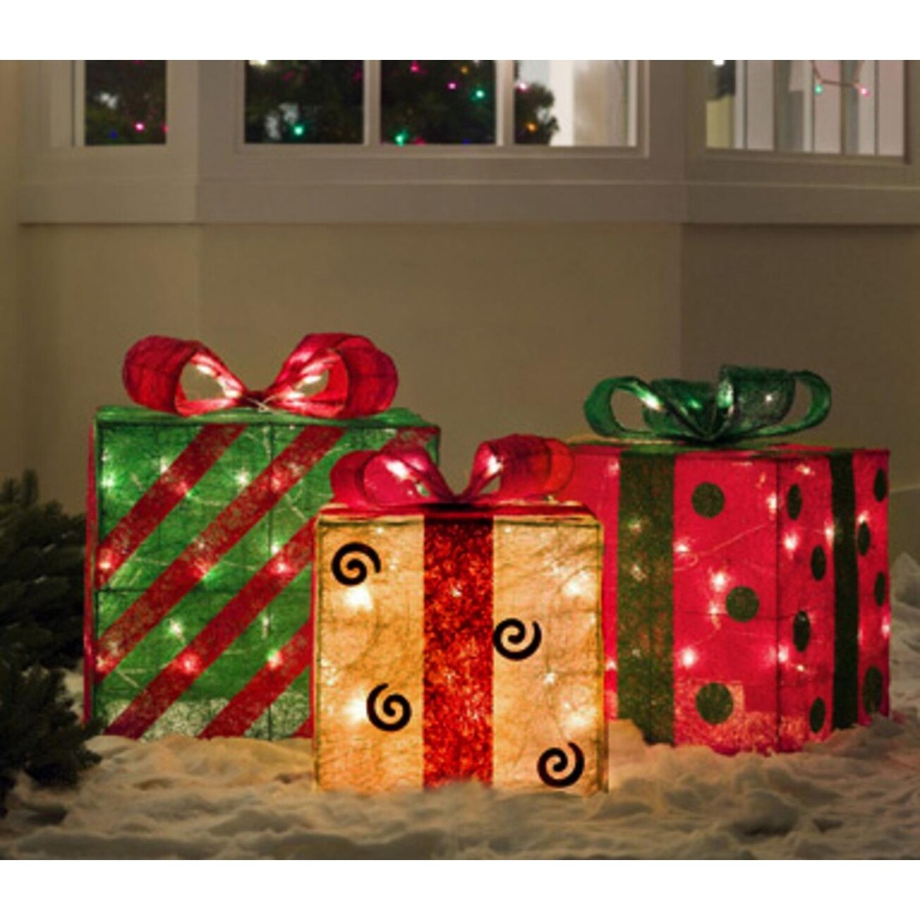 Shop Set Of 3 Gold Green And Red Sisal Gift Boxes Lighted