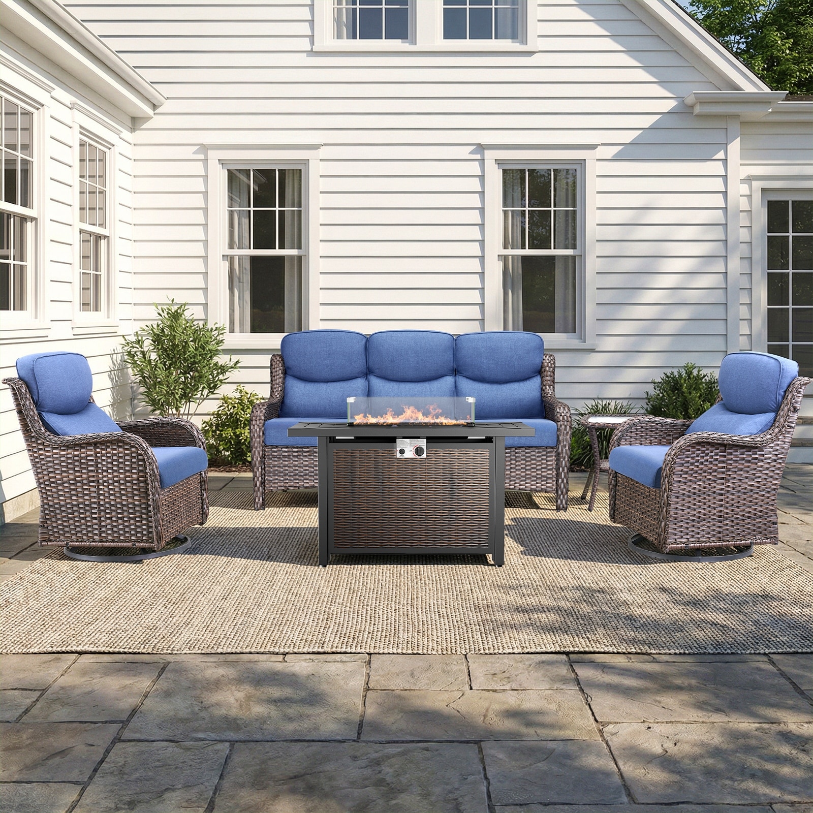 Pocassy Patio Sofa Swivel Chair Set with 43" Fire Pit Table