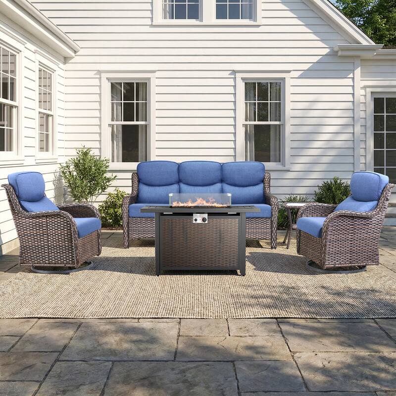 Pocassy Patio Sofa Swivel Chair Set with 43" Fire Pit Table - Brown Wicker Blue Cushion - 5-Piece Sofa Swivel Chair Table w/ Fie Pit Table