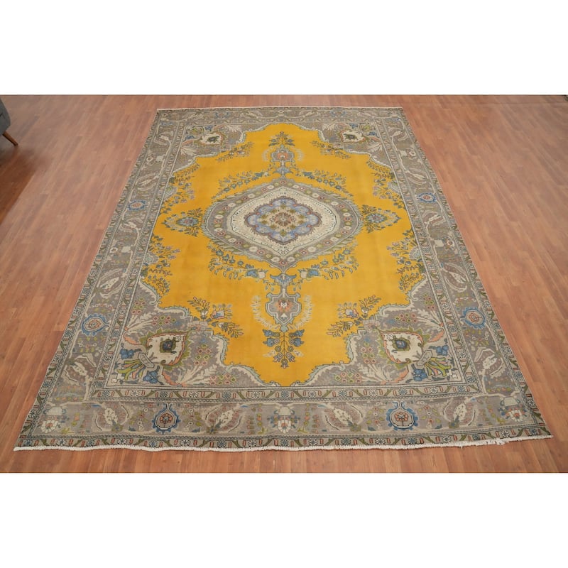 Hand Knotted Oriental 100% Wool Carpet Traditional Floral Yellow & Gold Tabriz Area Rug - 12' 6'' X 9' 6''