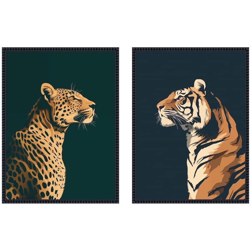 Kate and Laurel Emerald Leopard Navy Tiger 2 Piece Framed Canvas Wall Art Set by The Creative Bunch Studio - 2 Piece Set 18x24 - Black