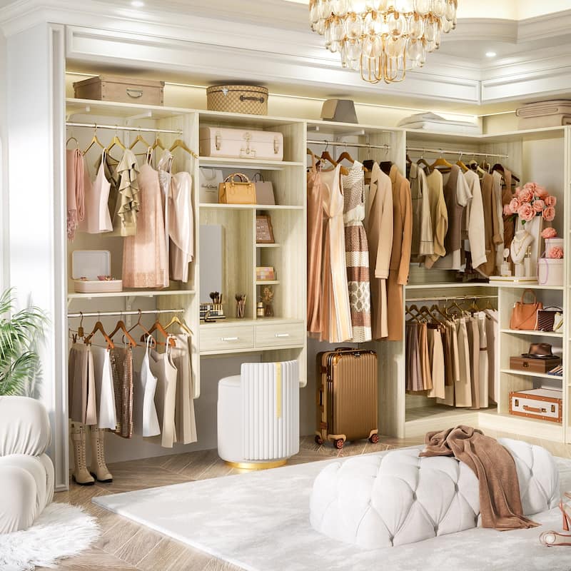 Cimly 131'' - 156'' Closet System with Makeup Vanity, All-in-one Corner Closet Organizer with Shoe Rack and Tower Shelves